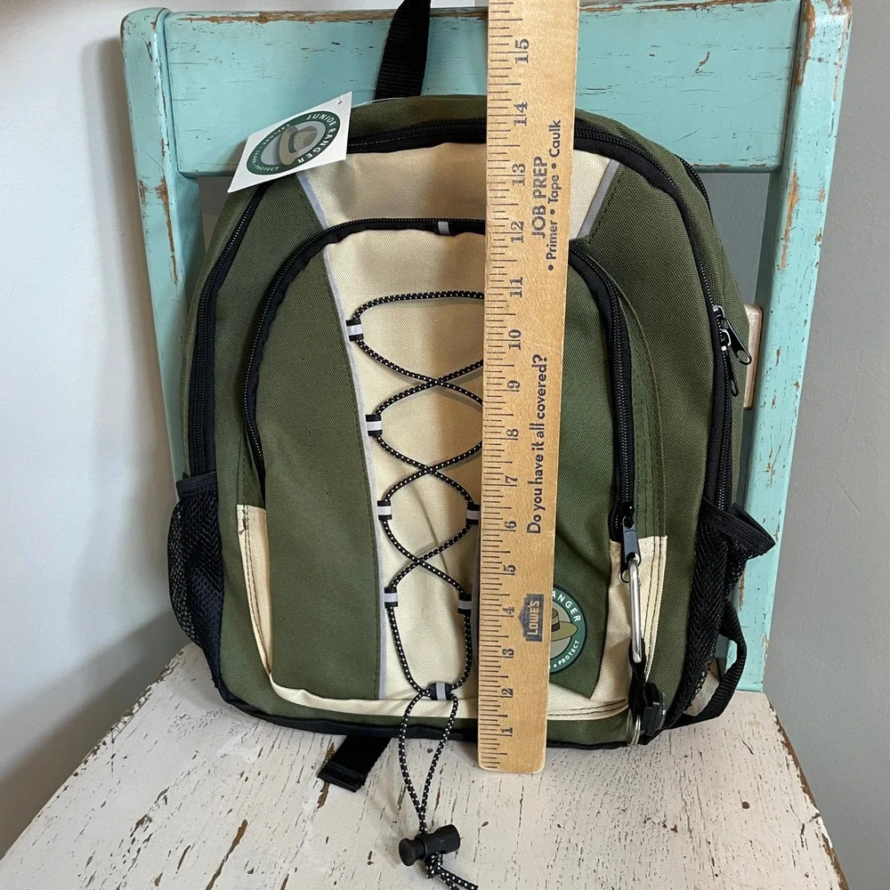 National Park Junior Ranger Kids Hiking Backpack Green Tan Compass Carabiner NWT